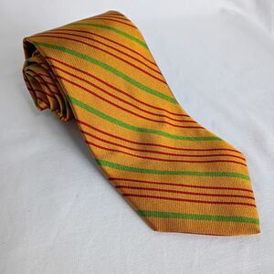 Ben Silver Repp Silk Tie Gold Red Green Striped Classic Logo Accent 58 x 3.5